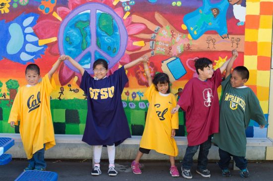 children in front of mural